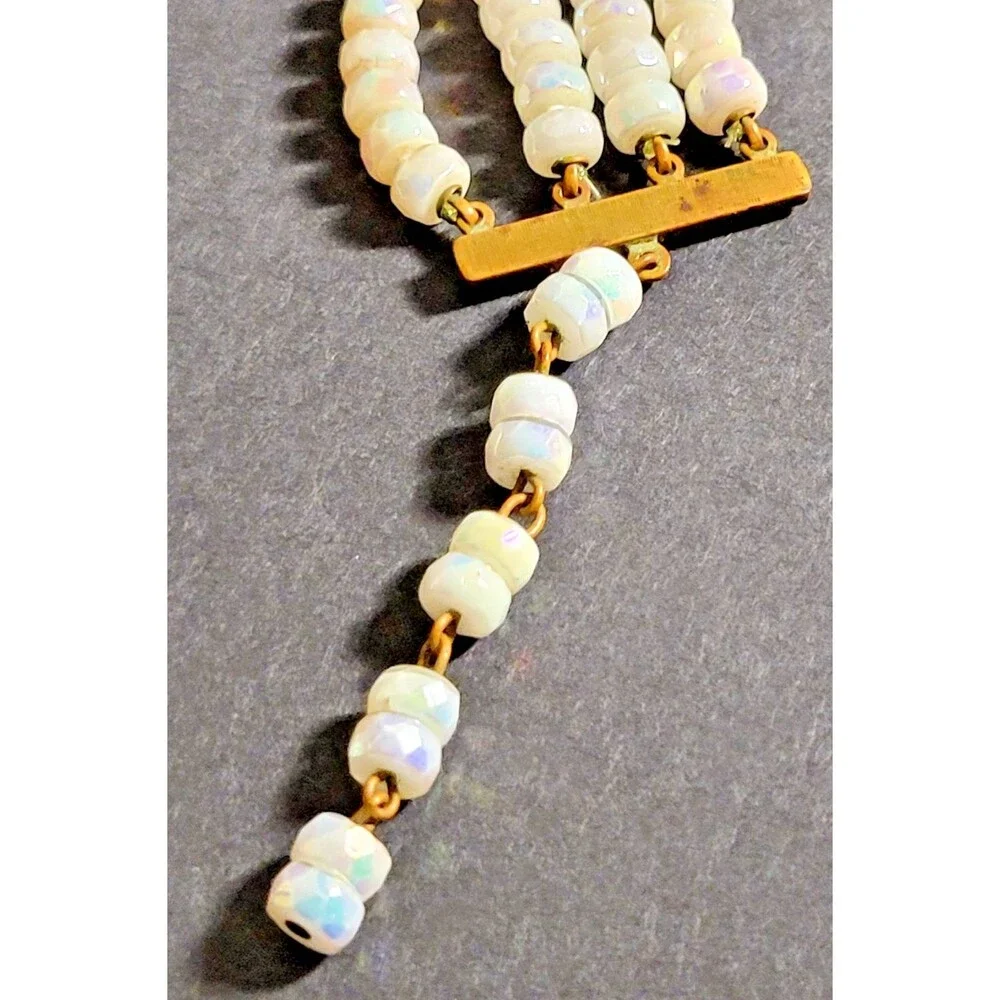 Vintage 1950s 4 Strand Opalescent Glass Bead Necklace Wedding Glam Mid Century
